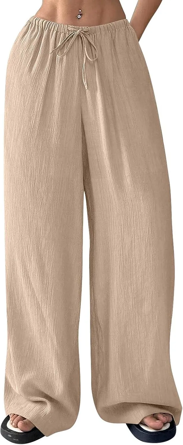 Wide Leg Casual Pants for Women Linen Flowy Elastic Waist Palazzo Pants Work Summer Vintage Straight Drawstring Clothes