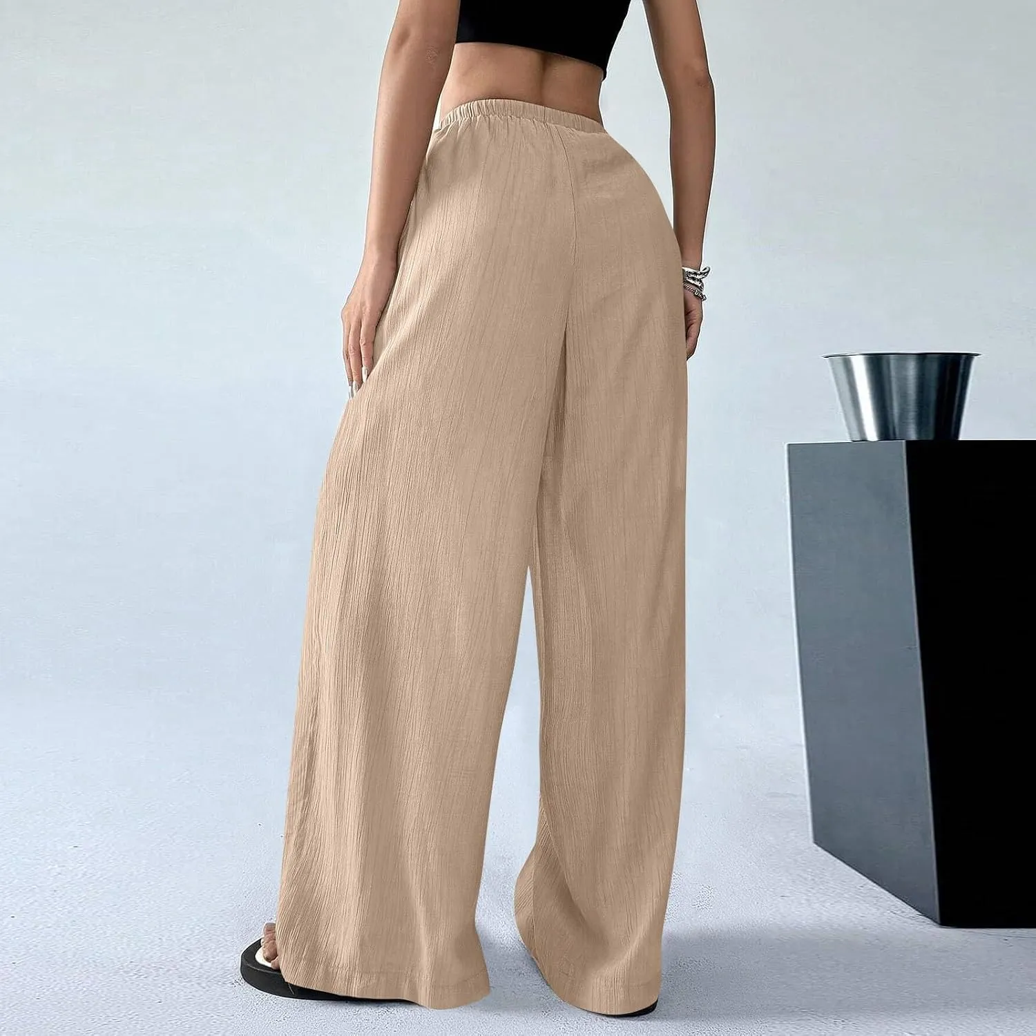 Wide Leg Casual Pants for Women Linen Flowy Elastic Waist Palazzo Pants Work Summer Vintage Straight Drawstring Clothes