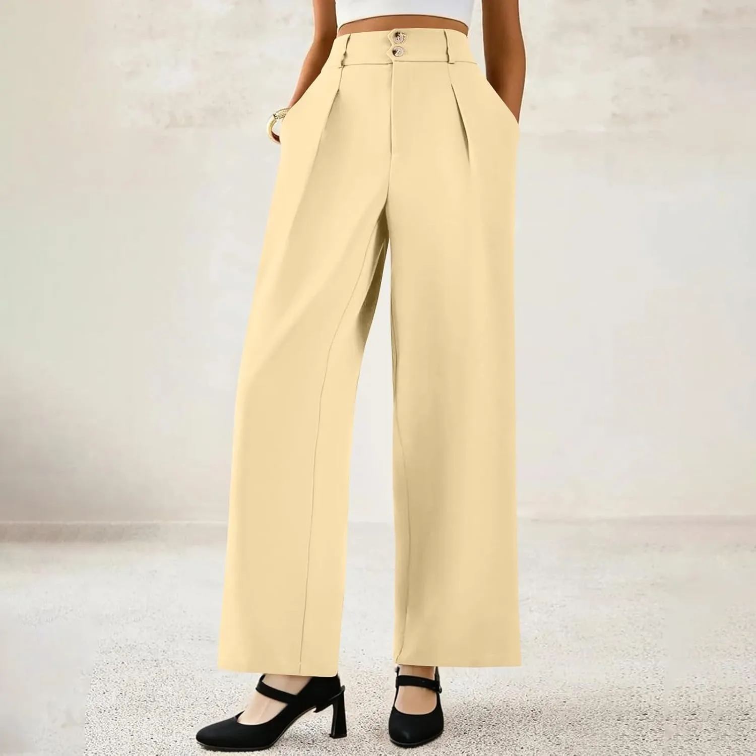 Wide Leg Dress Pants Women Summer Button High Waist Business Work Pants Relaxed Fit Formal Office Trousers w/Pockets
