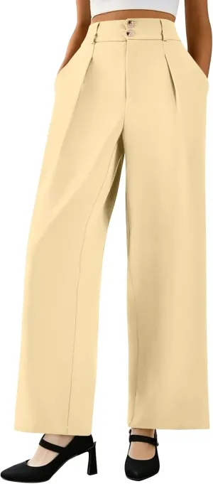 Wide Leg Dress Pants Women Summer Button High Waist Business Work Pants Relaxed Fit Formal Office Trousers w/Pockets