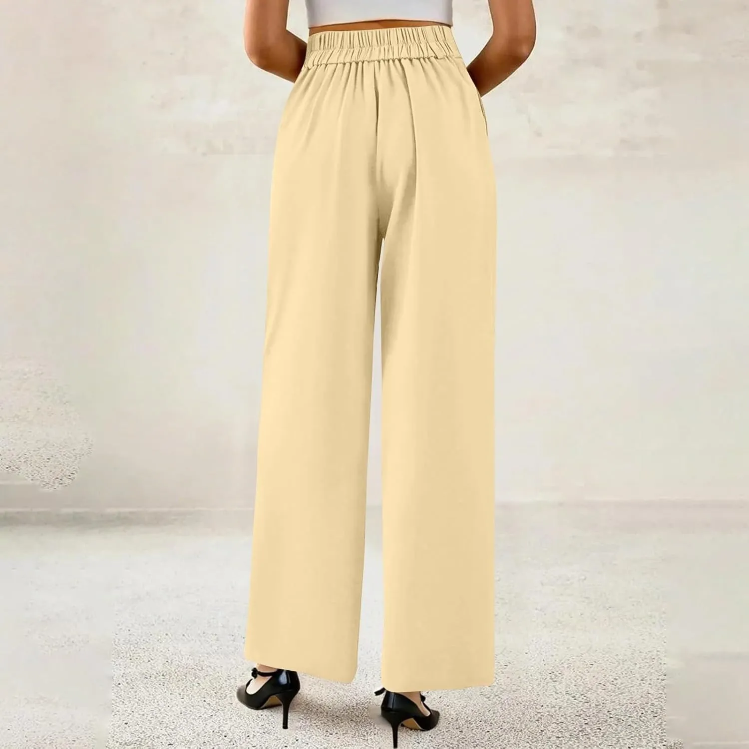 Wide Leg Dress Pants Women Summer Button High Waist Business Work Pants Relaxed Fit Formal Office Trousers w/Pockets