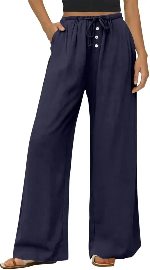 Wide Leg Linen Pants for Women Casual Summer Drawstring Waist Palazzo Pants with Pockets Beach Cover Up Trousers