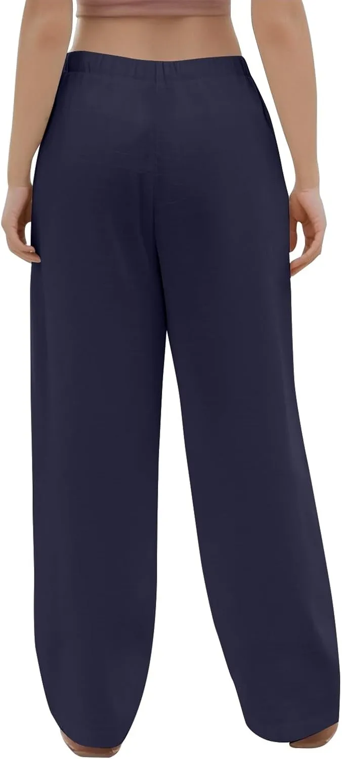 Wide Leg Linen Pants for Women Casual Summer Drawstring Waist Palazzo Pants with Pockets Beach Cover Up Trousers