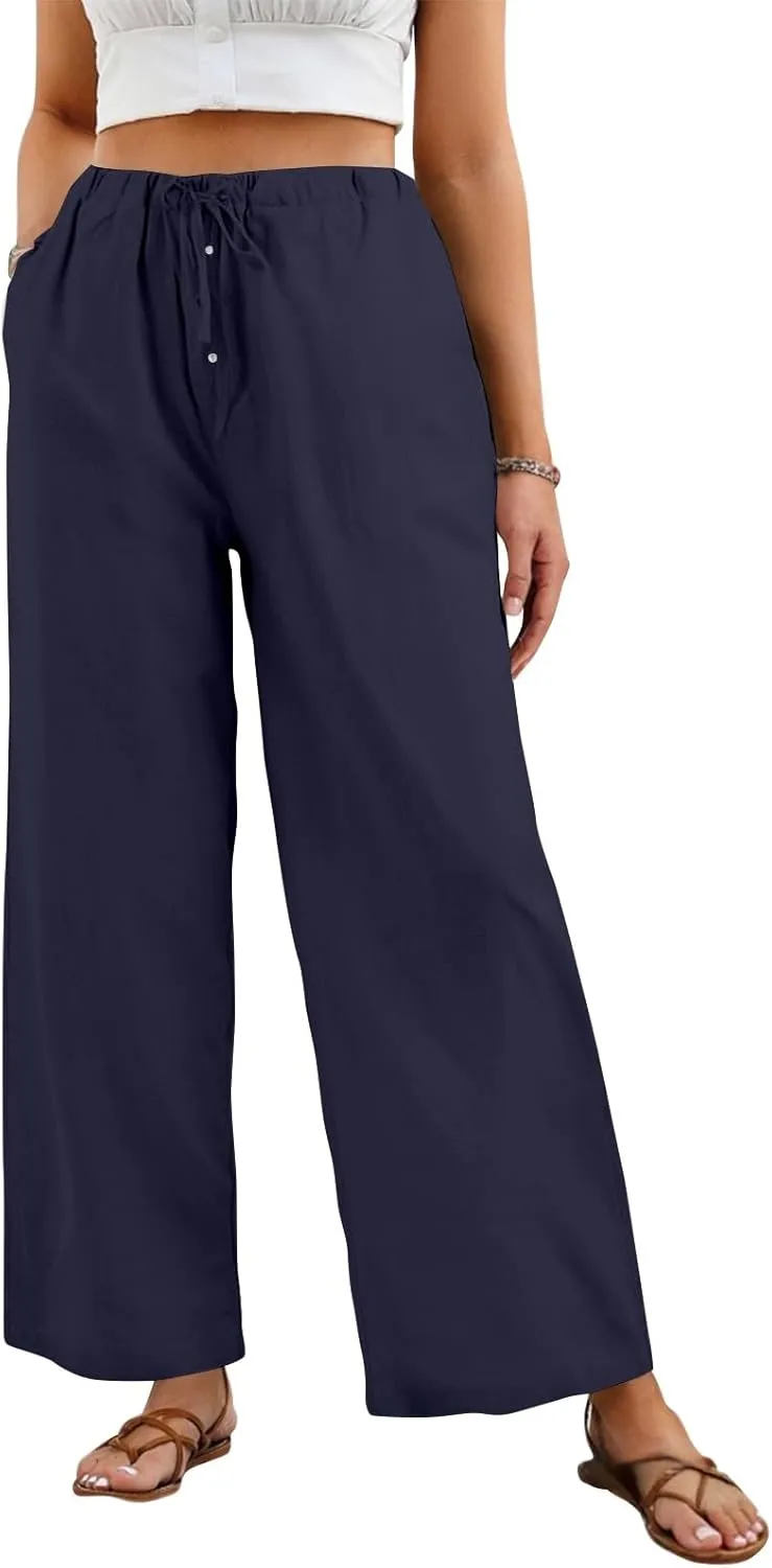 Wide Leg Linen Pants for Women Casual Summer Drawstring Waist Palazzo Pants with Pockets Beach Cover Up Trousers