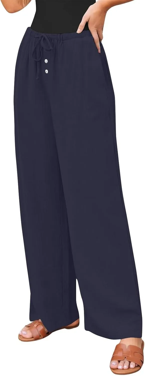 Wide Leg Linen Pants for Women Casual Summer Drawstring Waist Palazzo Pants with Pockets Beach Cover Up Trousers
