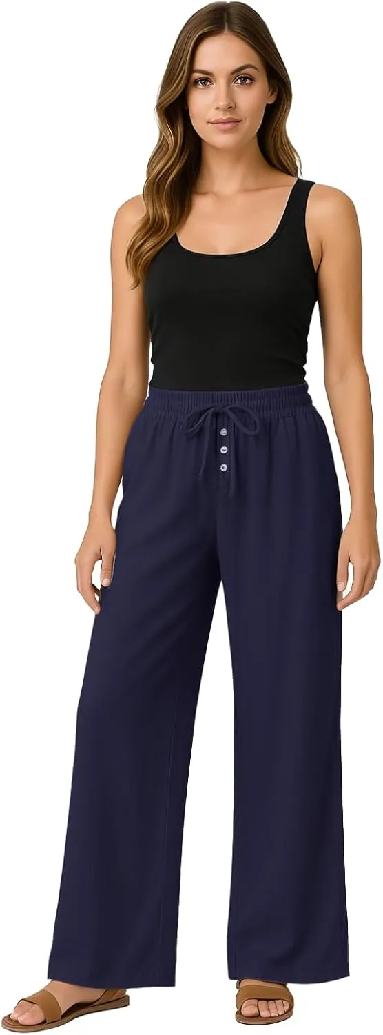 Wide Leg Linen Pants for Women Casual Summer Drawstring Waist Palazzo Pants with Pockets Beach Cover Up Trousers