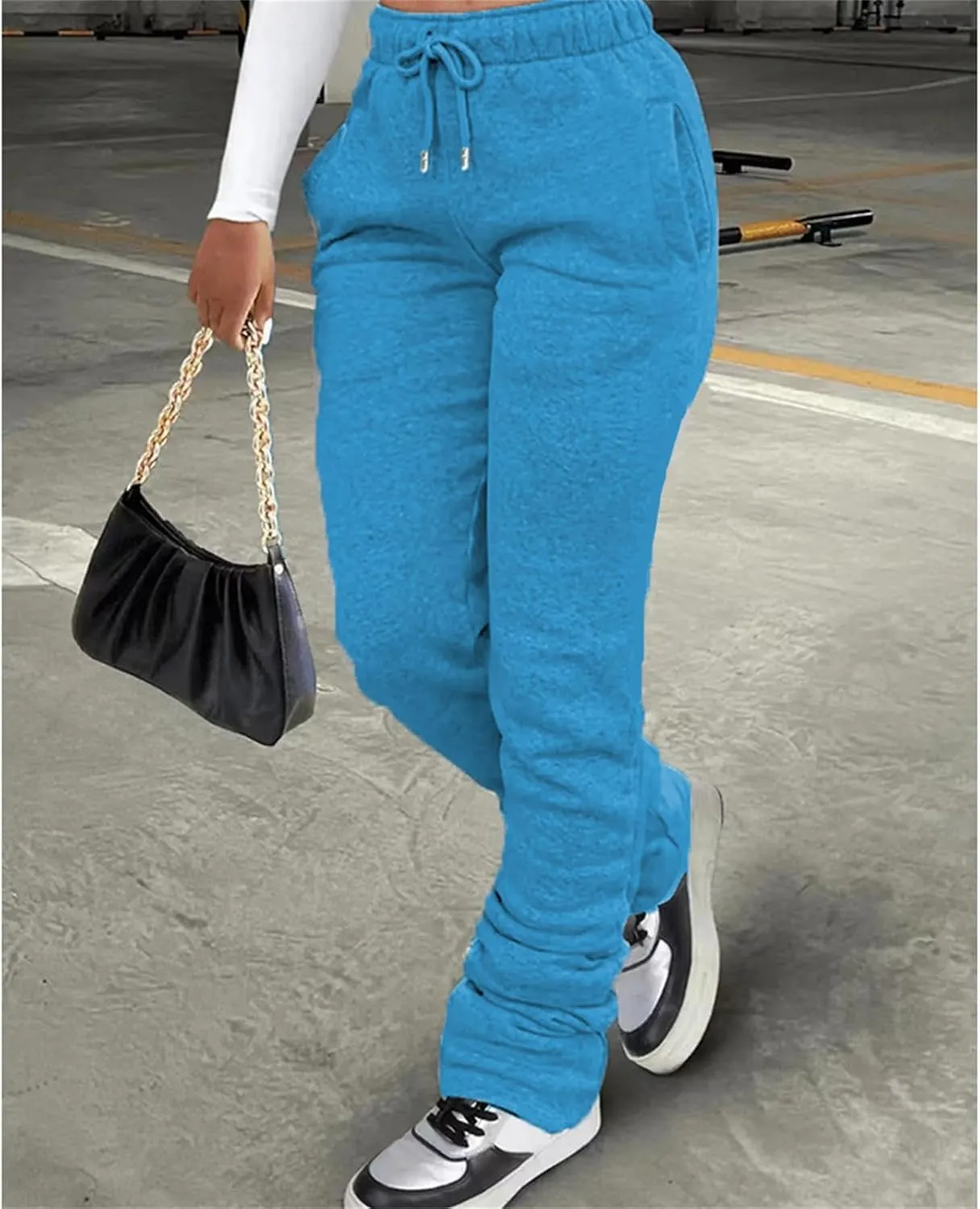 Winter High Waisted Sweatpants for Women Casual Baggy Drawstring Jogger Sweat Pants Workout Pile Pants with Pockets