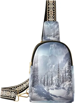 Winter Landscape Fanny Pack Crossbody PC Leather Small Sling Bag for Women Frosty Pine Trees Fashion Waist Packs Chest Bag for Travel Sports Running Hiking