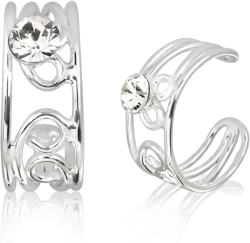WithLoveSilver 925 Sterling Silver Wire Ear Cuffs With Small Clear Crystal Stone Earrings