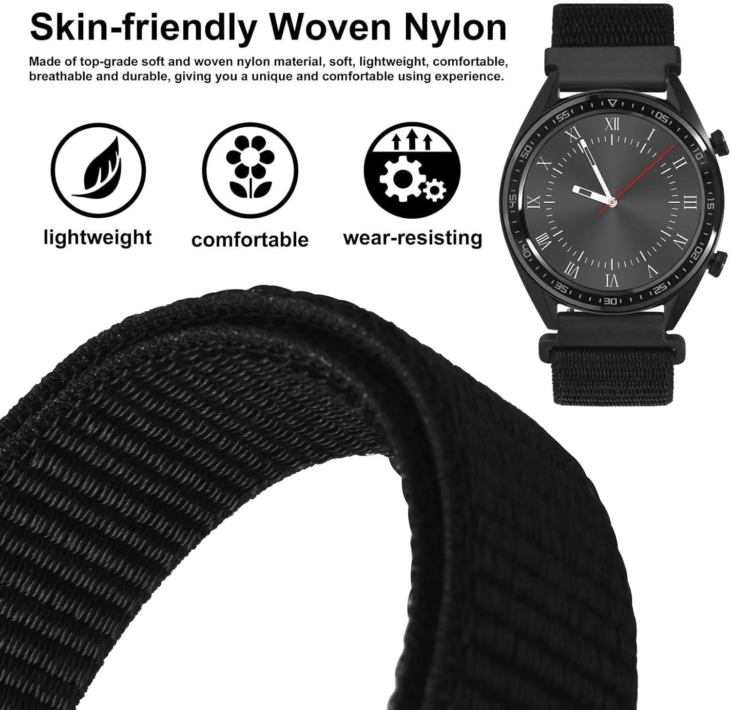 WOCCI 18mm Adjustable Nylon Watch Band, Quick Release Sport Loop Strap (Black)