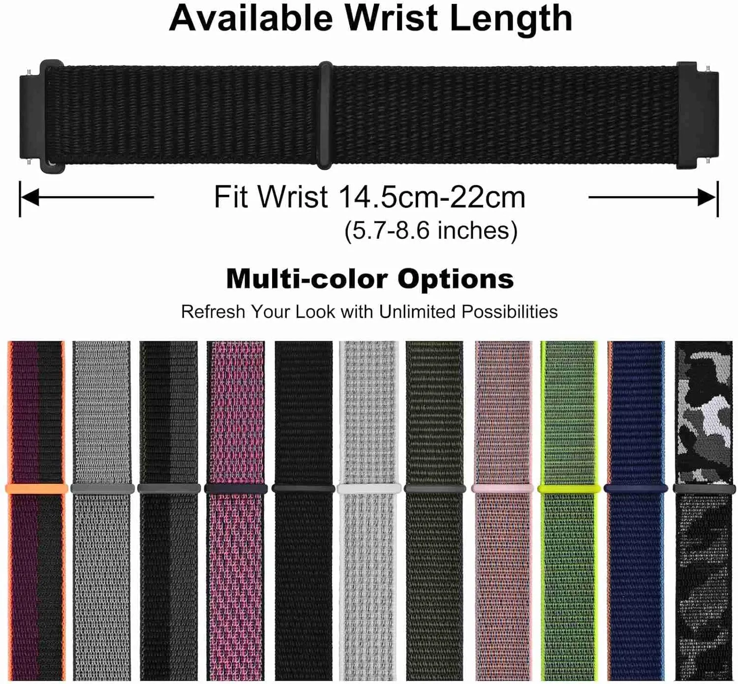 WOCCI 18mm Adjustable Nylon Watch Band, Quick Release Sport Loop Strap (Black)