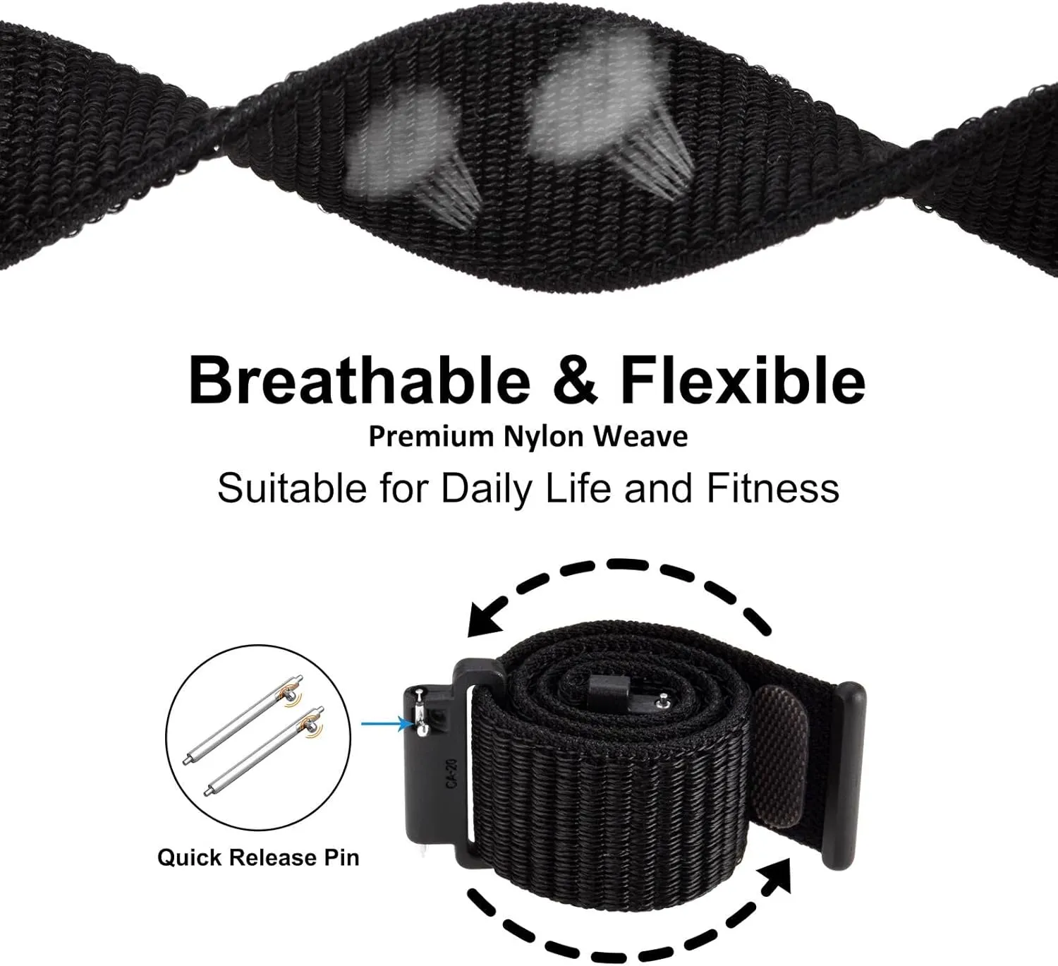 WOCCI 18mm Adjustable Nylon Watch Band, Quick Release Sport Loop Strap (Black)