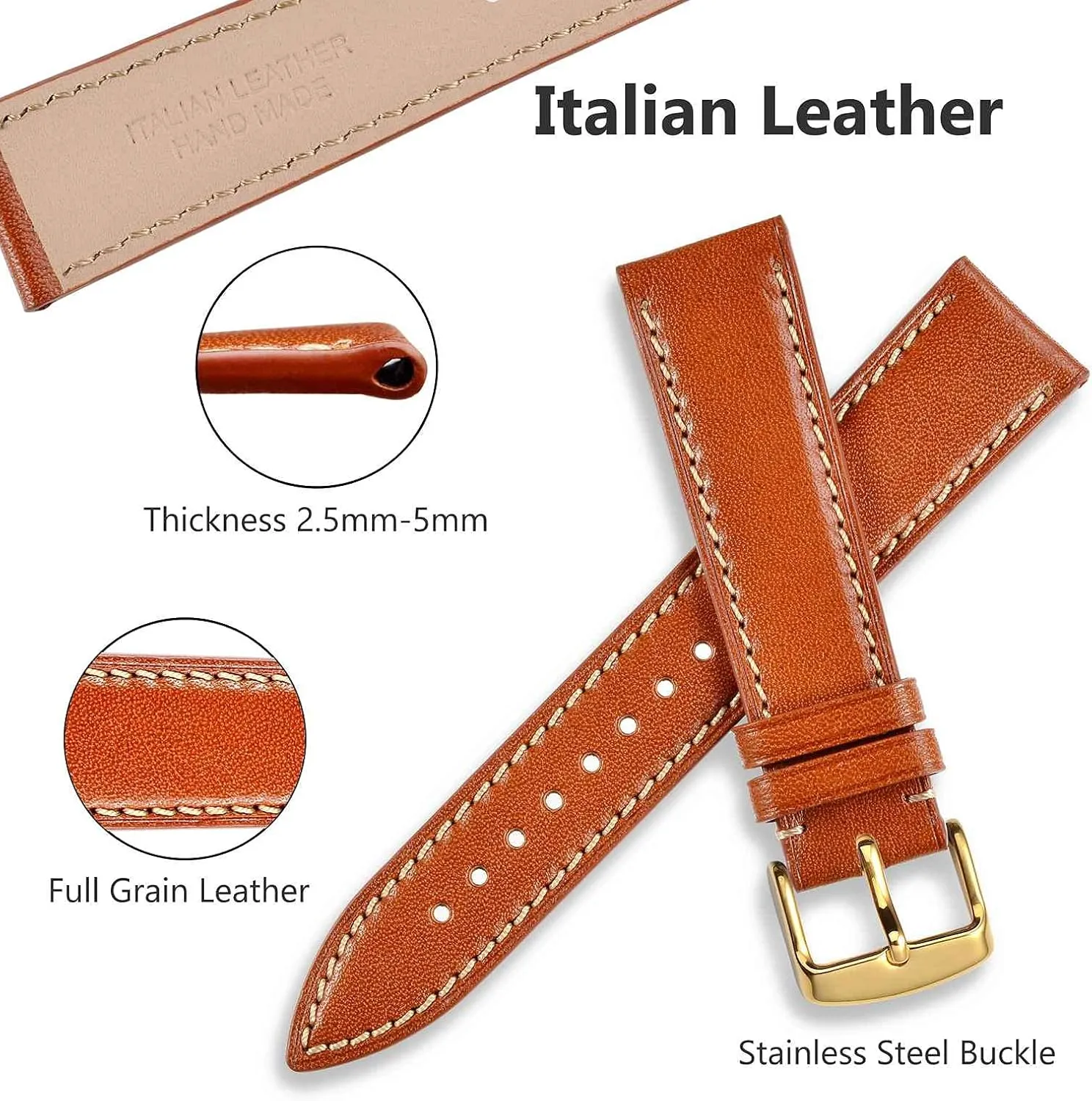 WOCCI 20mm Luxury Watch Band, Italian Leather Strap with Golden Buckle (Gold Brown)