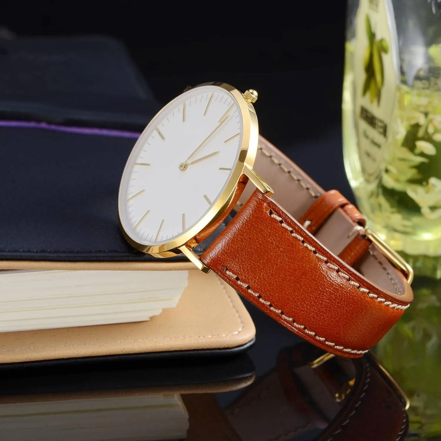 WOCCI 20mm Luxury Watch Band, Italian Leather Strap with Golden Buckle (Gold Brown)
