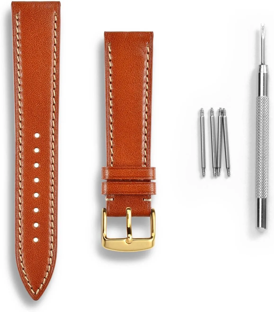 WOCCI 20mm Luxury Watch Band, Italian Leather Strap with Golden Buckle (Gold Brown)