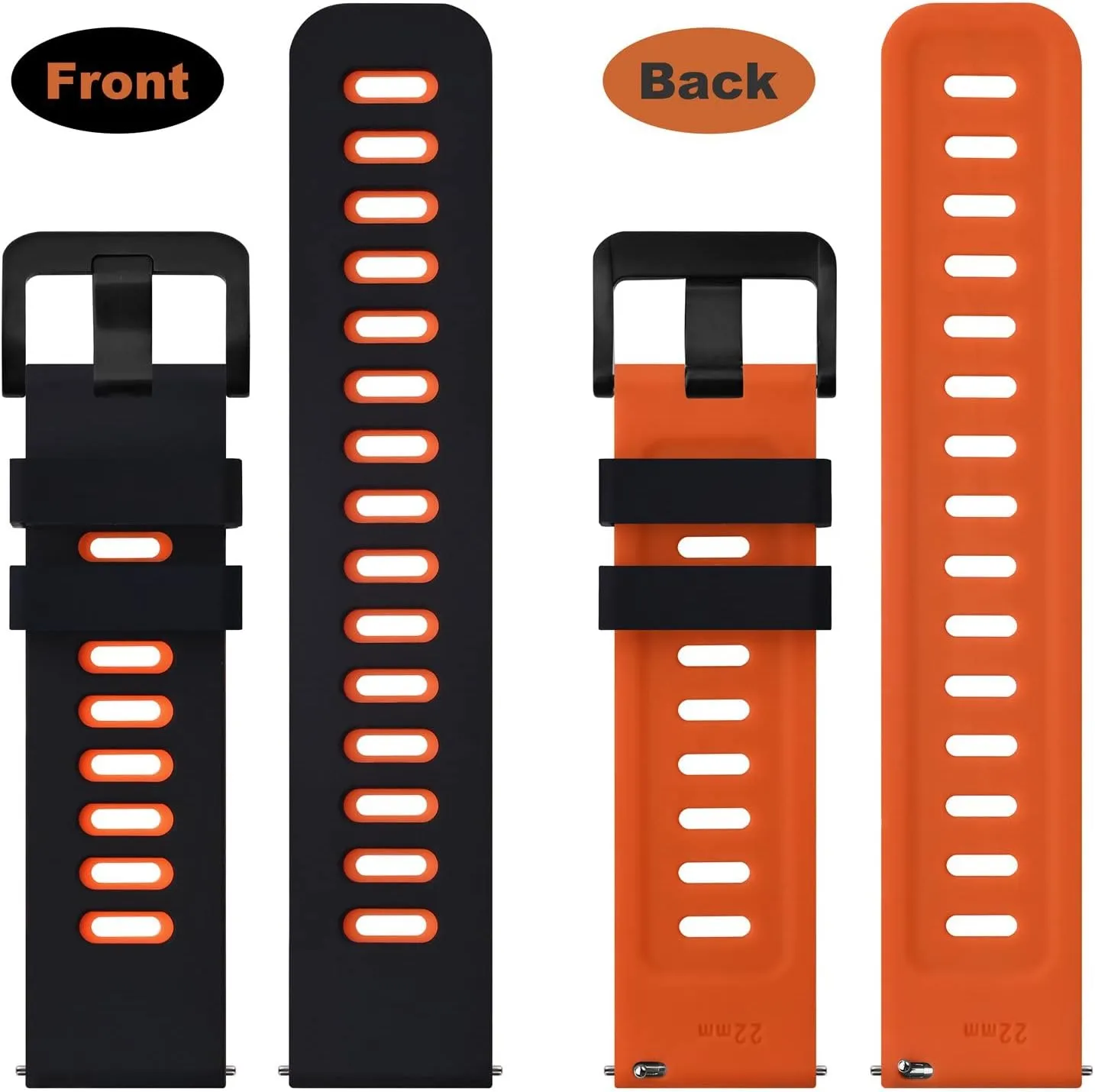 WOCCI 22mm Bicolor Watch Band, Silicone Rubber, Quick Release Replacement Strap for Men and Women, Black Stainless Steel Buckle (Black-Orange)