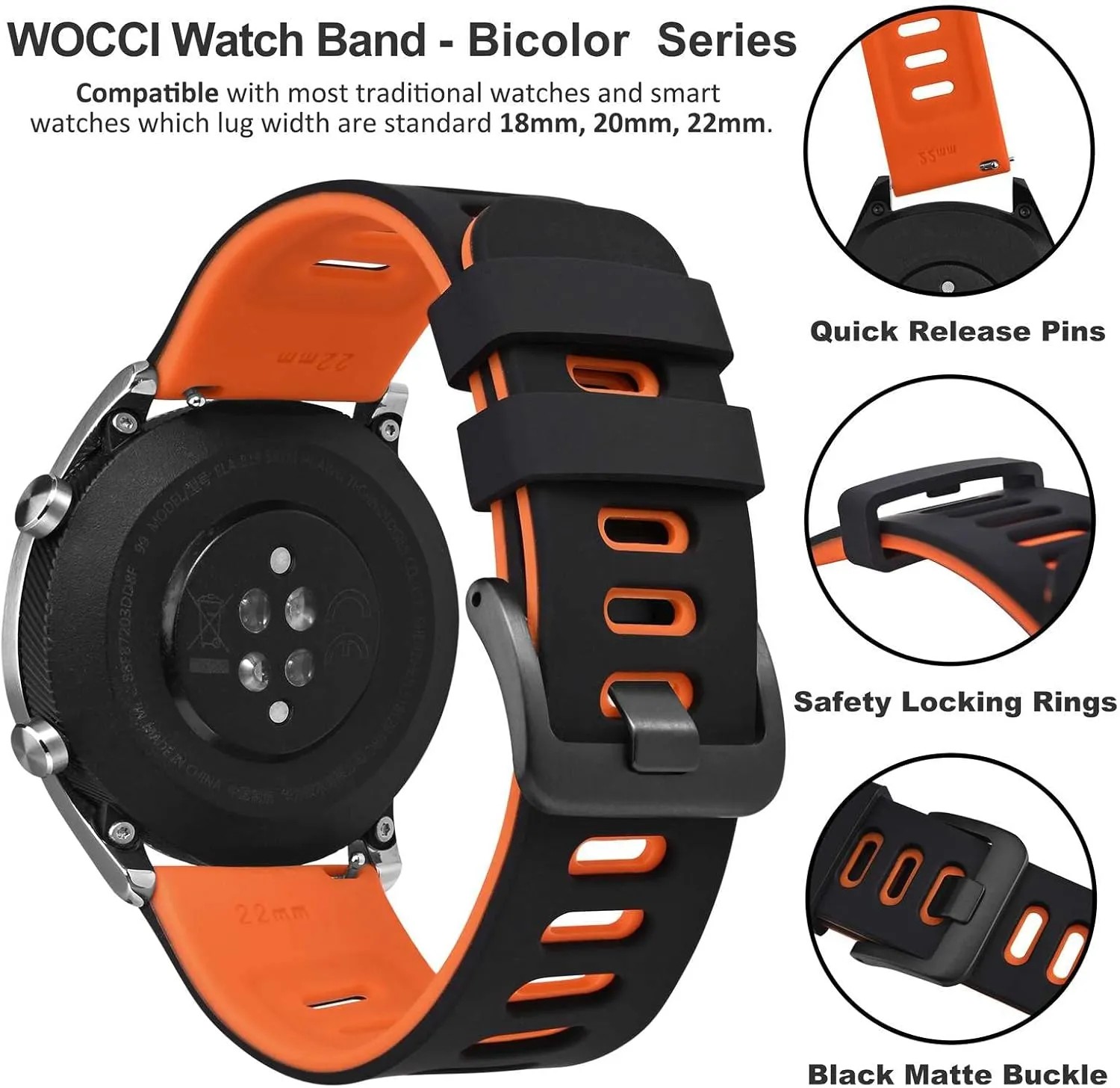 WOCCI 22mm Bicolor Watch Band, Silicone Rubber, Quick Release Replacement Strap for Men and Women, Black Stainless Steel Buckle (Black-Orange)