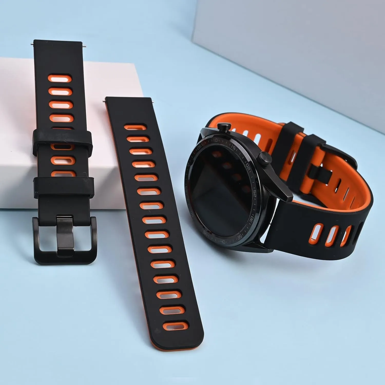 WOCCI 22mm Bicolor Watch Band, Silicone Rubber, Quick Release Replacement Strap for Men and Women, Black Stainless Steel Buckle (Black-Orange)