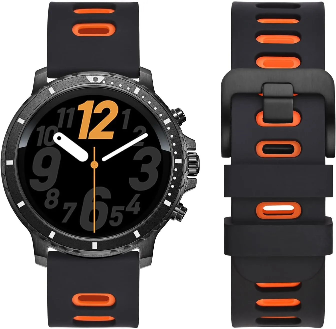 WOCCI 22mm Bicolor Watch Band, Silicone Rubber, Quick Release Replacement Strap for Men and Women, Black Stainless Steel Buckle (Black-Orange)