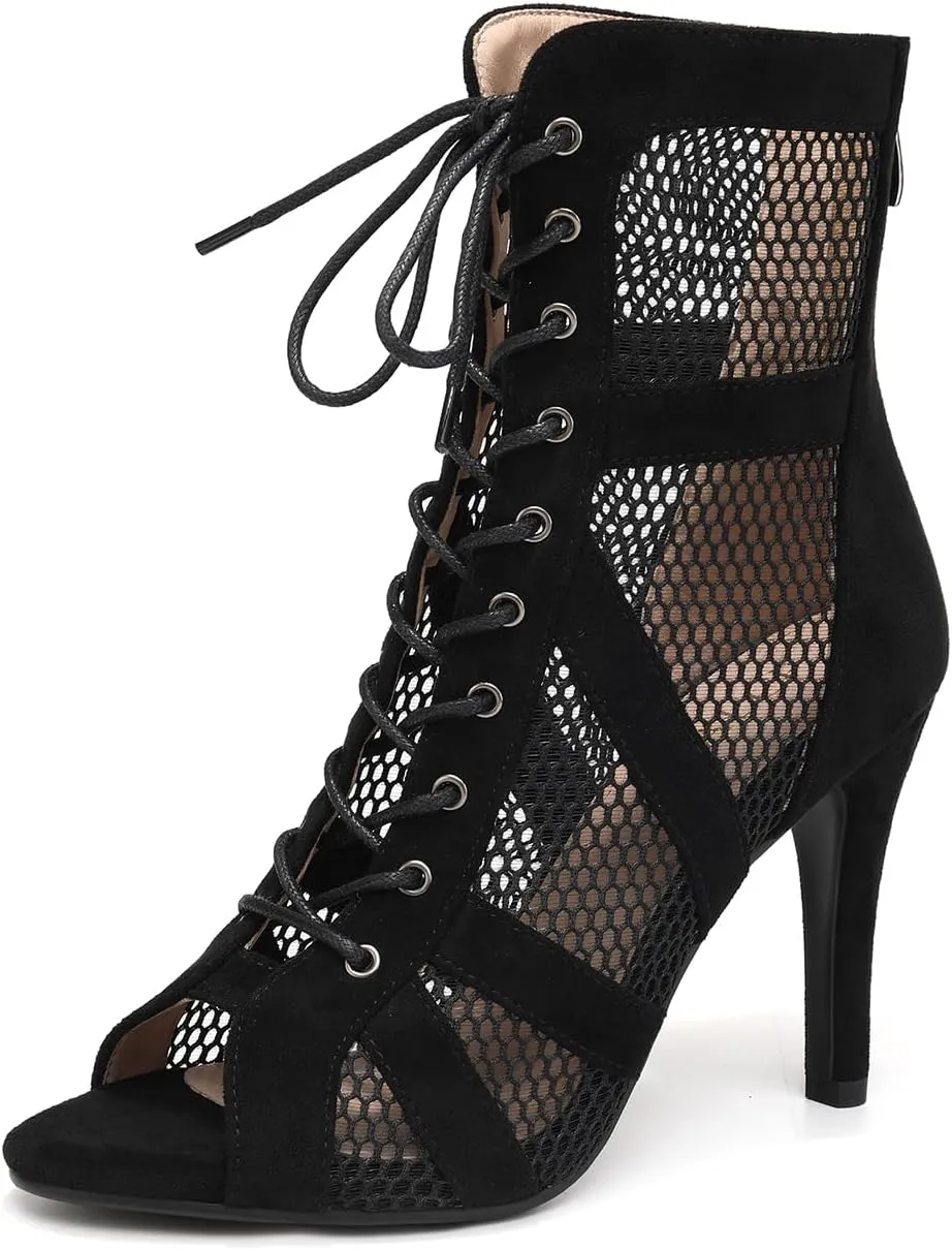 Women Ankle Dance Boots Lace up Open Toe Latin Salsa Ballrooom Performence Practice Party Dancing Shoes, Model DS-789RM