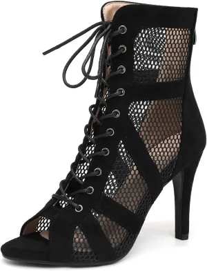 Women Ankle Dance Boots Lace up Open Toe Latin Salsa Ballrooom Performence Practice Party Dancing Shoes, Model DS-789RM
