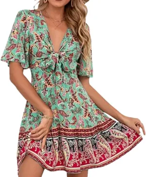 Women Boho Floral Print Mini Dress V-Neck Short Sleeve Above Knee Pullover A-Line Lace-Up Waist Casual Dress