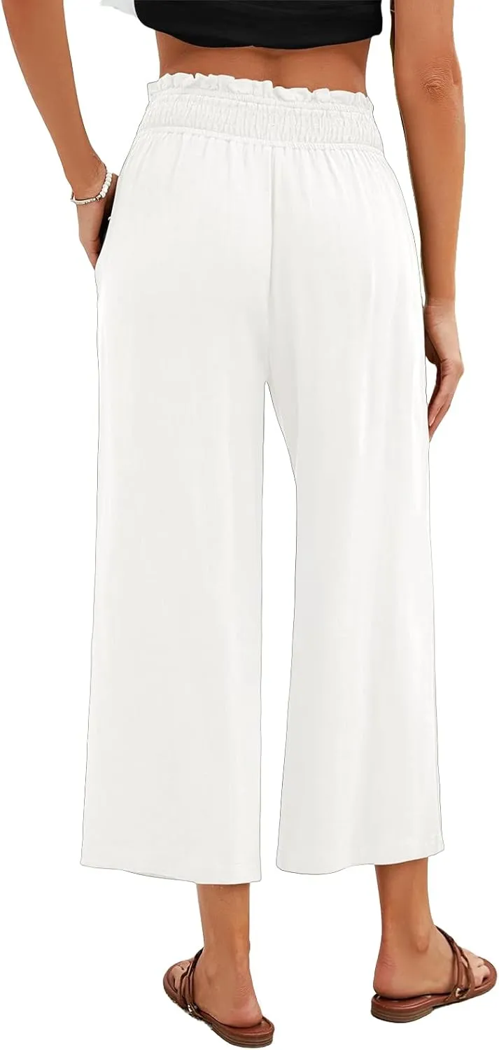Women Capri Pants High Waisted Wide Leg Linen Palazzo Trousers Casual Loose Flowy Smock Waist Pants with Pockets