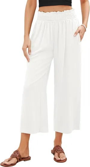Women Capri Pants High Waisted Wide Leg Linen Palazzo Trousers Casual Loose Flowy Smock Waist Pants with Pockets