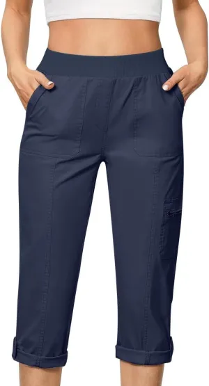 Women Cargo Capris Pants Dressy Casual Pull On Slacks Relaxed Fit Lounge Capris Office Work Comfy Cropped Trousers