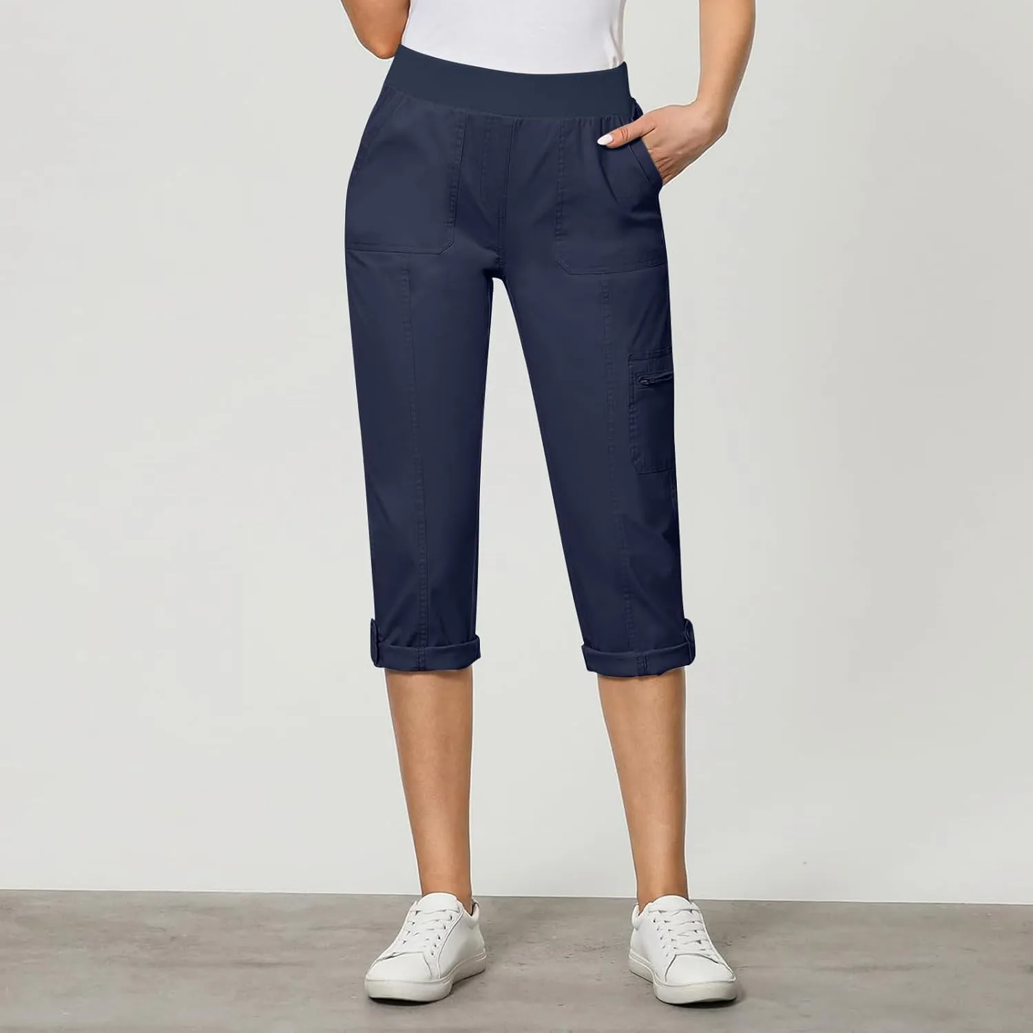 Women Cargo Capris Pants Dressy Casual Pull On Slacks Relaxed Fit Lounge Capris Office Work Comfy Cropped Trousers