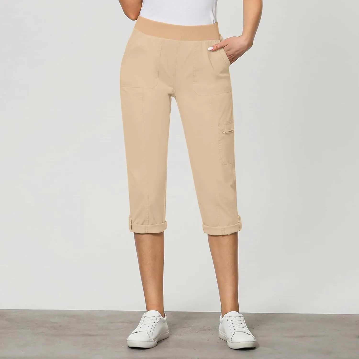 Women Cargo Capris Pants Dressy Casual Pull On Slacks Relaxed Fit Lounge Capris Office Work Comfy Cropped Trousers