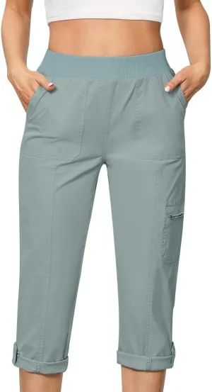 Women Cargo Capris Pants Dressy Casual Pull On Slacks Relaxed Fit Lounge Capris Office Work Comfy Cropped Trousers