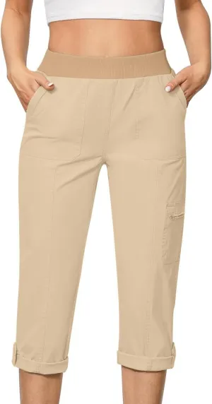 Women Cargo Capris Pants Dressy Casual Pull On Slacks Relaxed Fit Lounge Capris Office Work Comfy Cropped Trousers