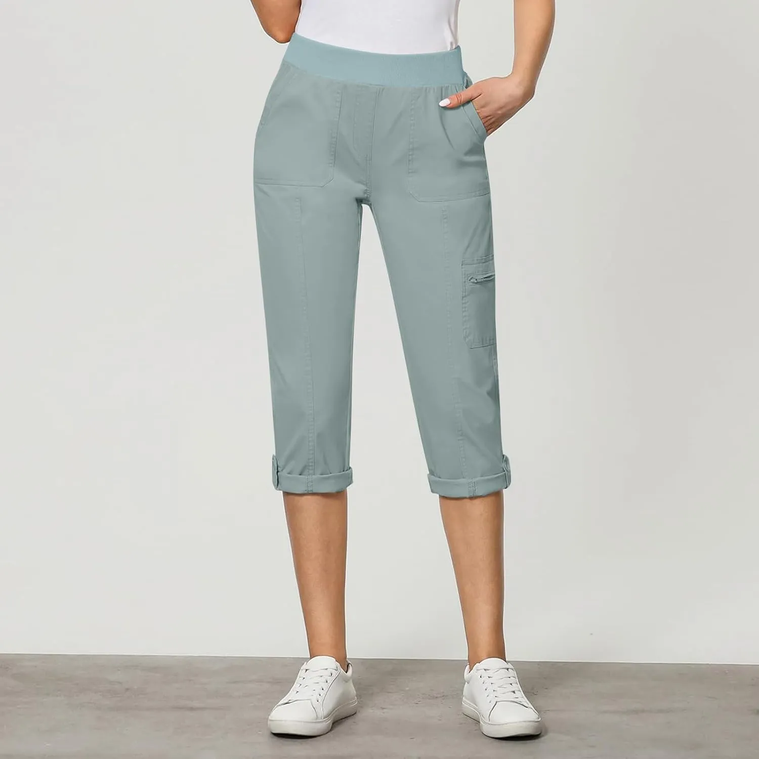 Women Cargo Capris Pants Dressy Casual Pull On Slacks Relaxed Fit Lounge Capris Office Work Comfy Cropped Trousers