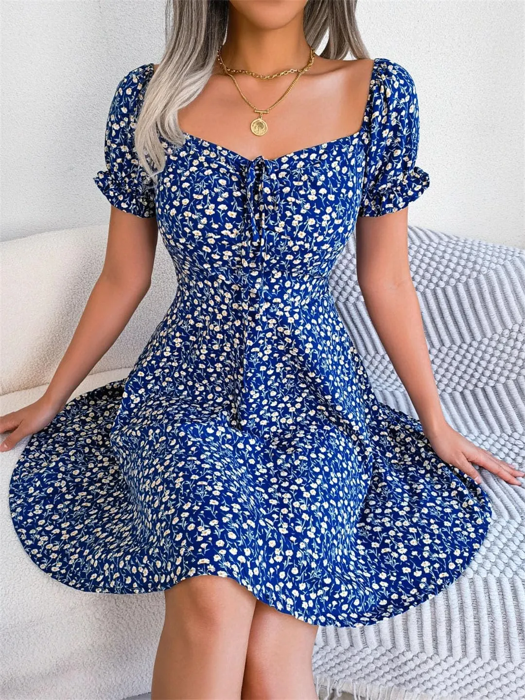 Women Casual Floral Print Flare Sleeve Mini Dress Bow Detail A Line Boho Summer Dress