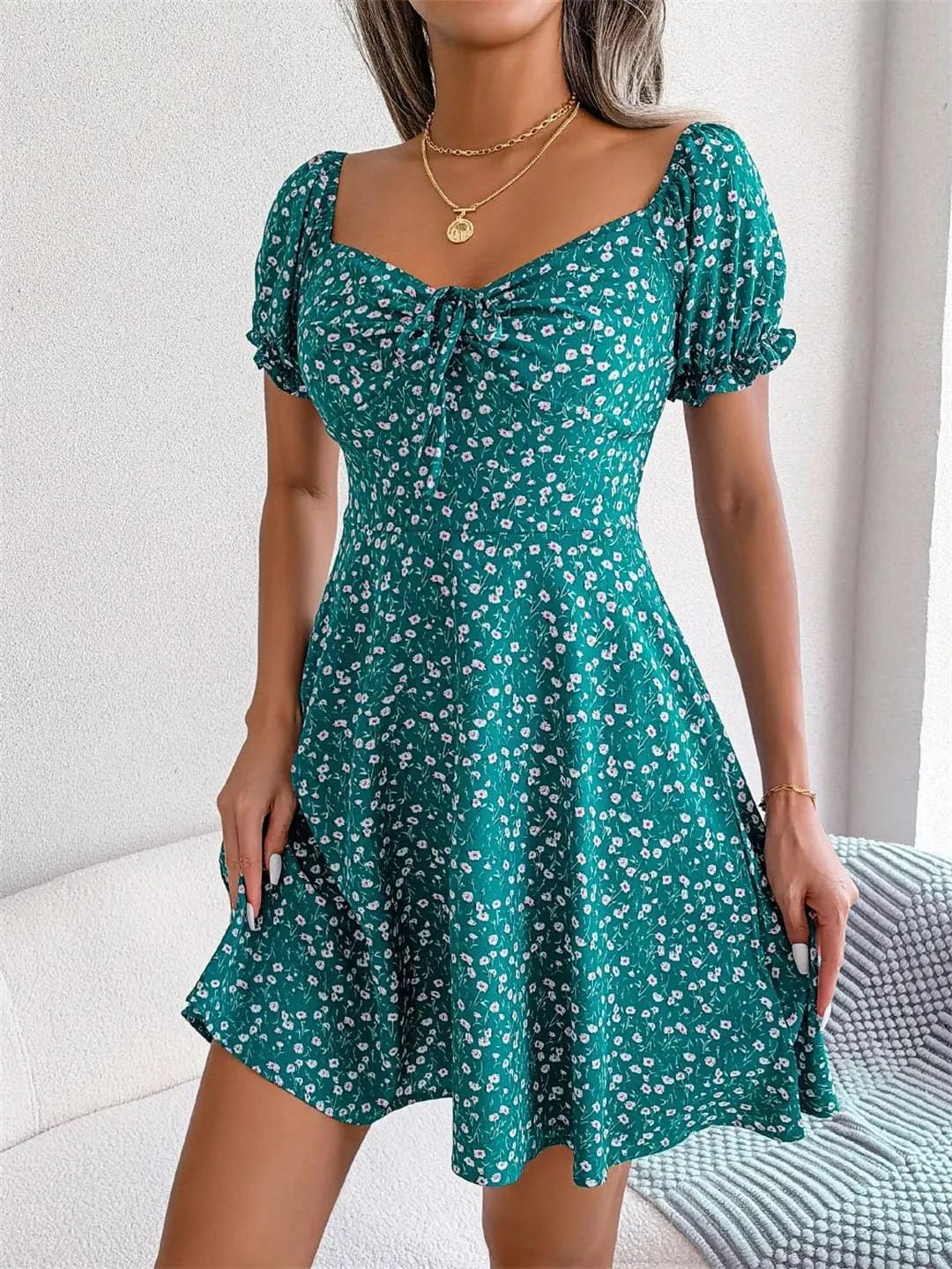 Women Casual Floral Print Flare Sleeve Mini Dress Bow Detail A Line Boho Summer Dress