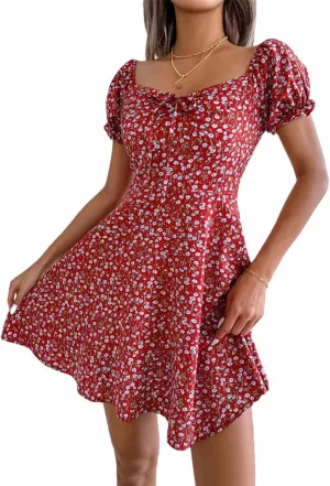 Women Casual Floral Print Flare Sleeve Mini Dress Bow Detail A Line Boho Summer Dress