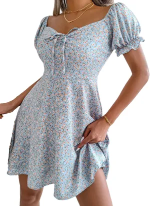 Women Casual Floral Print Flare Sleeve Mini Dress Bow Detail A Line Boho Summer Dress