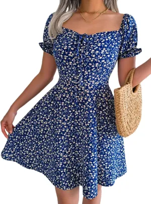 Women Casual Floral Print Flare Sleeve Mini Dress Bow Detail A Line Boho Summer Dress
