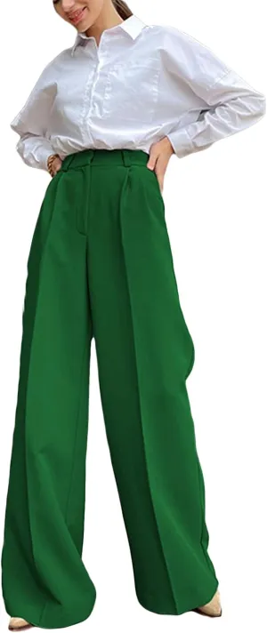 Women Casual Wide Leg Suit Pants High Waist Solid Color Loose Stretch Trousers Relaxed Fit All Day Straight Pants
