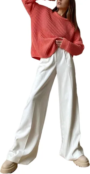 Women Casual Wide Leg Suit Pants High Waist Solid Color Loose Stretch Trousers Relaxed Fit All Day Straight Pants