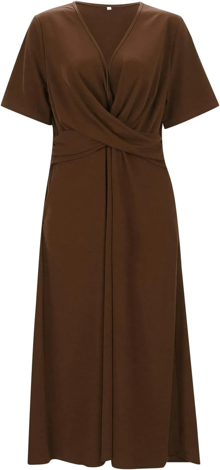 Women Cocktail Wrap Wedding Guest Formal Dresses V Neck Half Sleeve Vintage Tea Length Midi Party Dress with Pockets