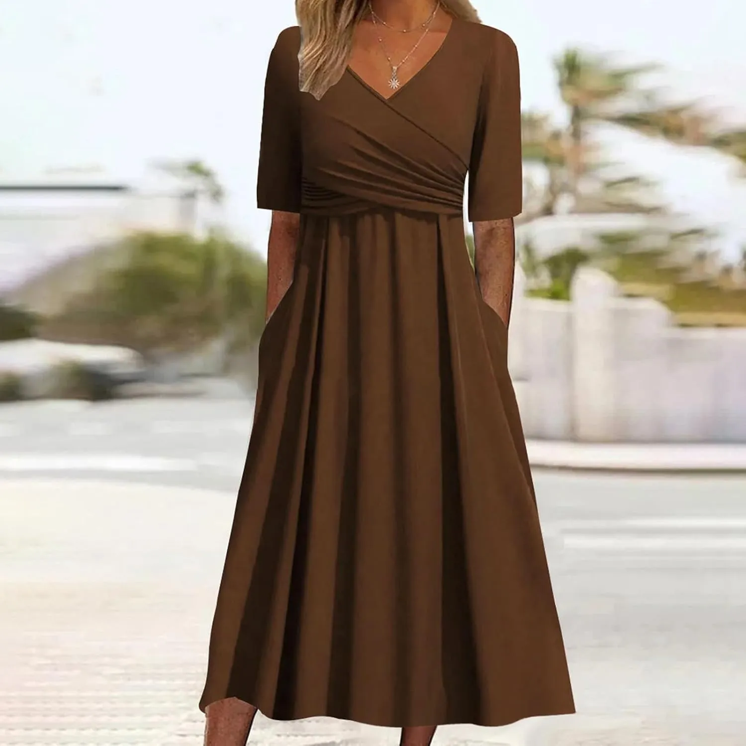Women Cocktail Wrap Wedding Guest Formal Dresses V Neck Half Sleeve Vintage Tea Length Midi Party Dress with Pockets