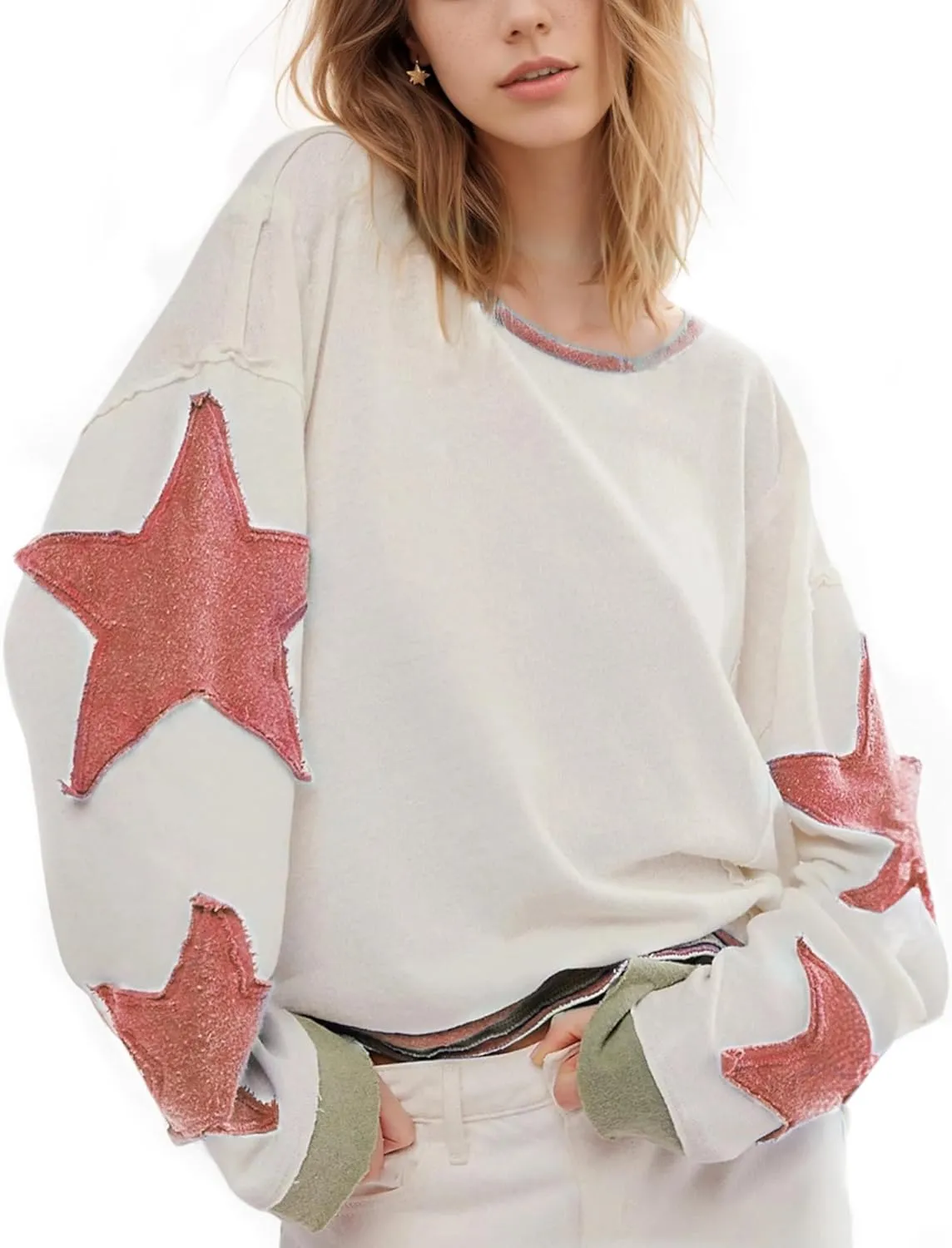 Women Cotton Oversized Shirts Lightweight Long Sleeve Crewneck Star Pullover Sweatshirt Hoodies 2025 Spring Clothes