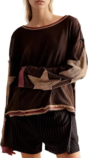 Women Cotton Oversized Shirts Lightweight Long Sleeve Crewneck Star Pullover Sweatshirt Hoodies 2025 Spring Clothes