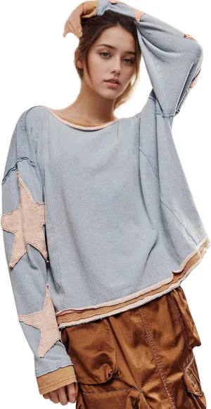 Women Cotton Oversized Shirts Lightweight Long Sleeve Crewneck Star Pullover Sweatshirt Hoodies 2025 Spring Clothes