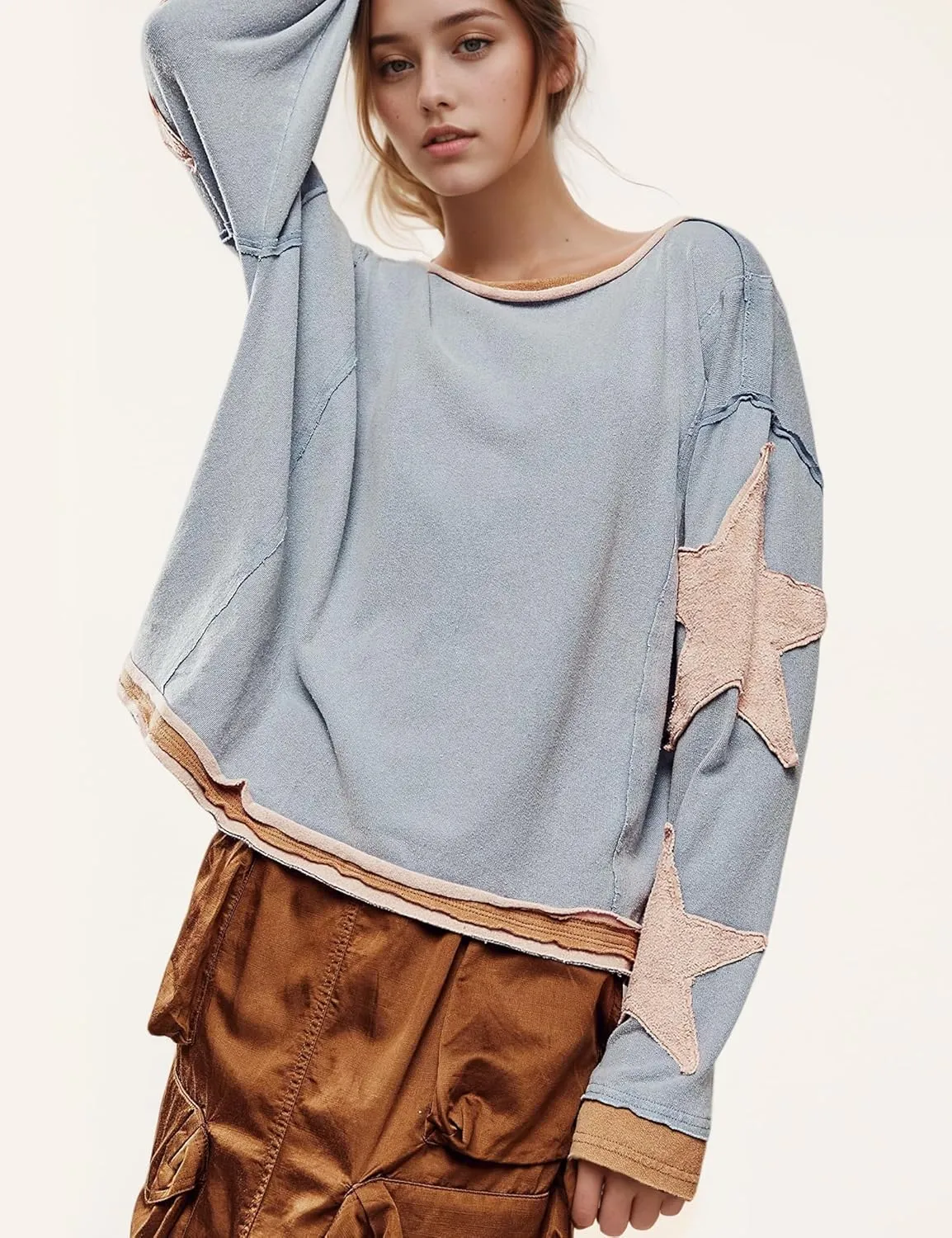 Women Cotton Oversized Shirts Lightweight Long Sleeve Crewneck Star Pullover Sweatshirt Hoodies 2025 Spring Clothes