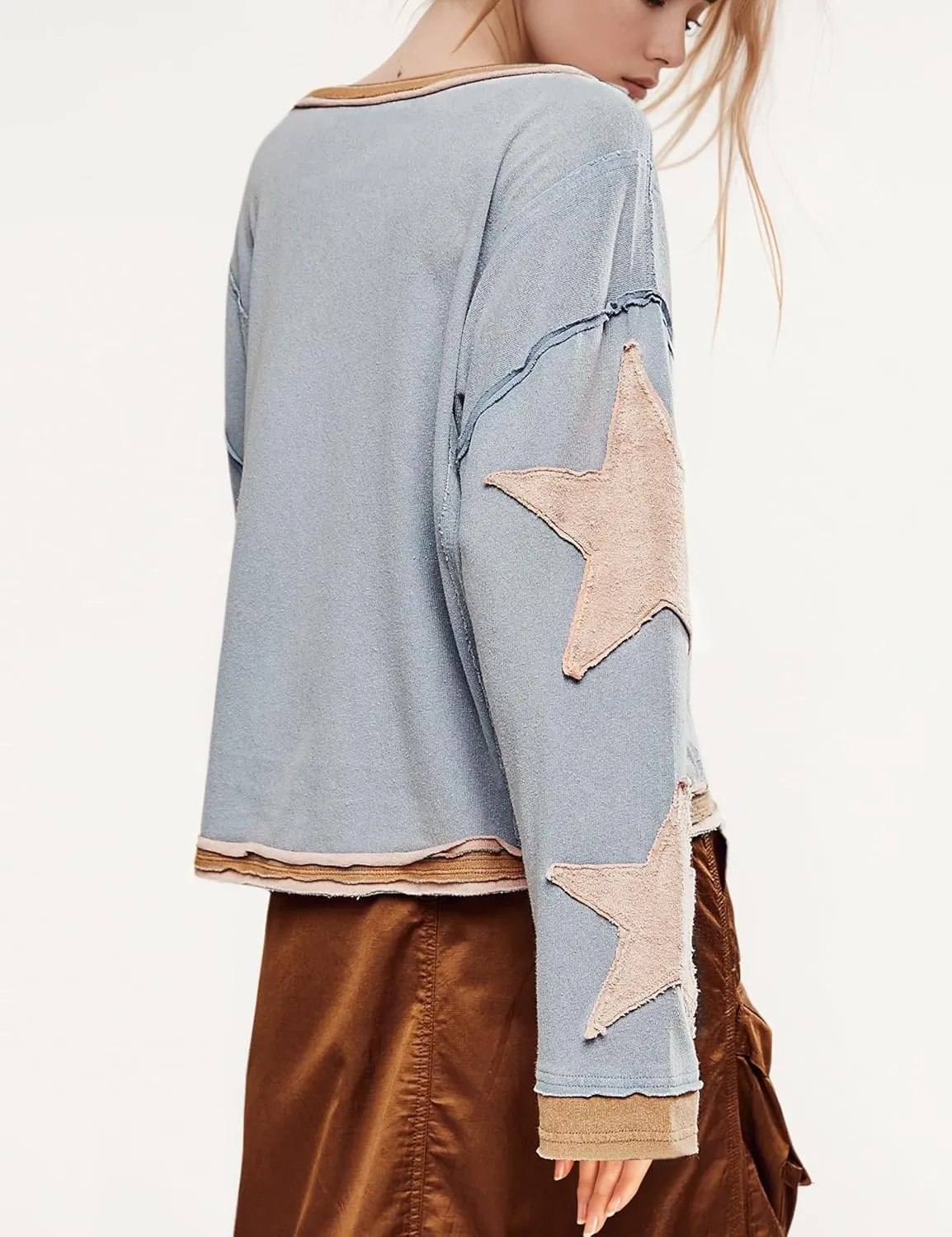 Women Cotton Oversized Shirts Lightweight Long Sleeve Crewneck Star Pullover Sweatshirt Hoodies 2025 Spring Clothes