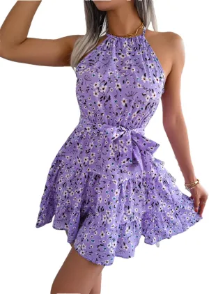 Women Floral Print Mini Dress with Flounced Edge Party Casual Style Bohemian Dress