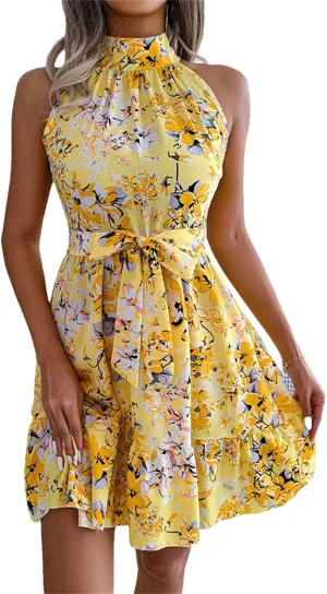 Women Floral Print Off Shoulder Mini Dress with Sashes Beach Casual Style Bohemian Dress